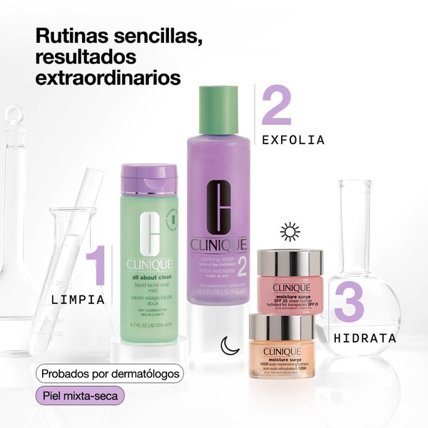 Rutina sencilla Clinique. Limpiador, exfoliante e hidratante de rostro.