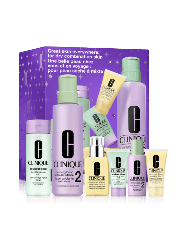 Set Clinique 3 Pasos Piel 2: Mixta-Seca, Los tres pasos exclusivos de Clinique para una piel radiante: un set para casa y otro de viaje. Personalizado para pieles grasas.